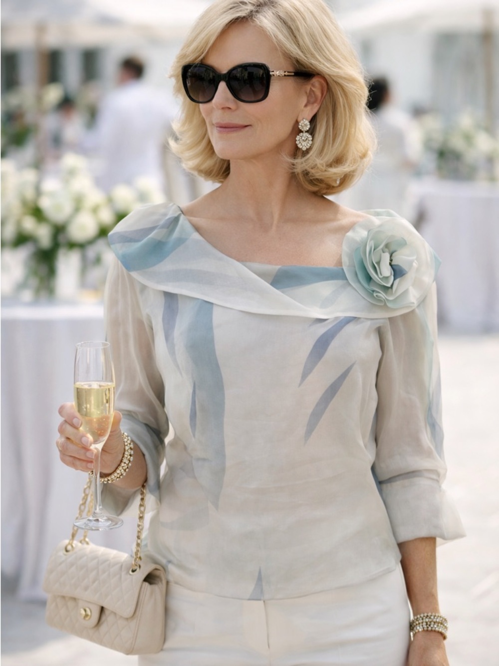 Armani Collezioni Pale Blue and Cream Floral Accent Blouse